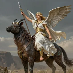 Artemis, goddess of the hunt riding on top of a mythical crrature holding a spear. 4k, award winning, concept art, high quality
