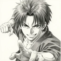 portrait manga of a demon necromancer protagonist, short hair, smiling sharp teeth, fighting pose made by Yusuke Murata, Tomohiro Shimoguchi, Takeshi Obata, Tite Kubo, ArtStation, CGSociety, direct gaze, beautiful face, sharp fine-face, pretty face, realistic shaded Perfect face, fine details,perfect composition body, symmetrical face,symmetrical eyes, pencil art on paper