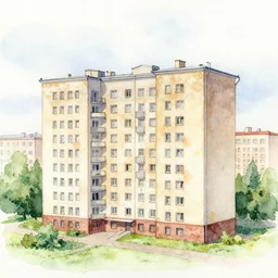 watercolor art of small soviet apartment building stands at russian suburbs, full frame