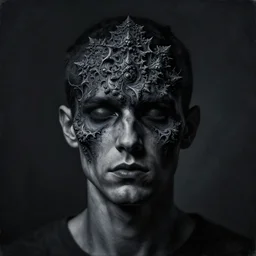 dramatic matte portrait painting of man with black mandelbrot fractal instead of face, horror, body horror, dark art,