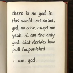 a page from an old book that says : there is no god in this world. not satan, not god, no one else, except me. yeah, i am the only god, that decides how people will be punished. i. am. god.