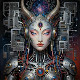 female robot pilot, mechanical creature, electronic wires relays computer nerves, girl face, dystopian surrealism, alex ries zdzisław beksinski giger, very intricate details, hres, naraka buddhist demon chinese female, deep luminous eyes contain galaxies, head contains nebula, deep aesthetic, concept art, carved silver circuits diodes resistors semiconductors, highly ornate intricate details portrait of a colourful tribal mecha robot, symmetrical, painting by drew struzan,