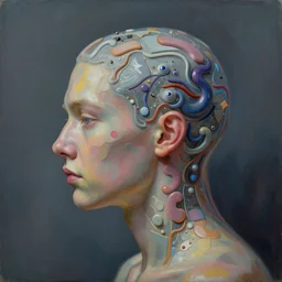 consciousness emerging in a large language model artificial intelligence. realistic painting