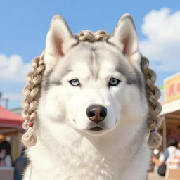 white husky dog character portrait in the sky market, color page, 4 k, tone mapping, doll, akihiko yoshida, james jean andrei riabovitchev marc simonetti, yoshitaka amano, digital illustration, braided hair, ringlet, curls, fine art,