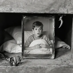 tintype photo of a scared boy in bed, a claw is reached out from under the bed