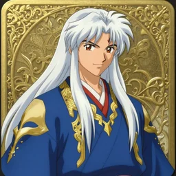 card art portrait of a young man with long white hair wearing blue and golden robes, long white hair, blue and golden robes, detailed robes, intrincated design, makoto shinkai, anime character, very detailed, matte, tonemapping, bbwchan, perfection, 4 k, william - adolphe bouguereau