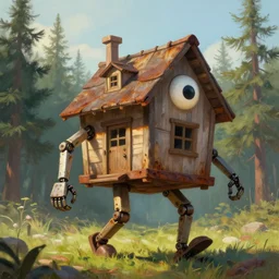a walking mech wood house with two mechanical legs and two big eye smiling and a roof, rust, hyperrealistic, highly detailed, cinematic, single ray of sun, morning, pareidolia, dynamic composition, from gravity falls, beautiful, pine trees in the background, cgssociety, artstation, 8 k, oil painting, digital art
