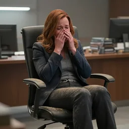 pepper potts, ceo of stark industries, sinks into her chair, desolate, her once - spotless office now covered in dust. she sobs. screenshot from the mcu, ambient lighting, 8 k