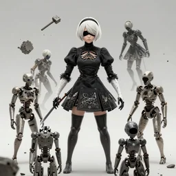 a screenshot from nier : automata, with 9 s android destroying a t 6 2 russian tank in yellow rye field under pure blue skies