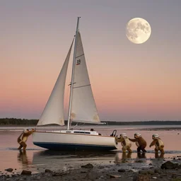 sailboat stuck at low tide, sunset, two moons in sky, star wars ewoks helping to push it in water, ewoks pushing, ewoks helping, ewoks