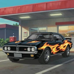 a wholesome animation key shot of one!! focused, black pontiac firebird car, gold firebird on bonnet, parked at truck stop, medium shot, studio ghibli, disney animation, ( pixar ), sharp, very detailed, high resolution, rendered in unreal engine 5, anime key art by greg rutkowski, bloom, dramatic lighting