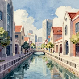 overwatch jakarta river canal, indonesia, stylized, exterior, architecture, in watercolor gouache detailed paintings, arcane, insanely detail, artstation, 8 k, futuristic, big medium small, props, furniture and decor, empty, no character