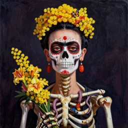mimosa blossoms in the eye sockets of a skeleton, holding gladioli, butterflies and worms, day of the dead, painting by frida kahlo