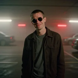 orientalist portrait of a handsome slender man with short hair and rounded sunglasses, smiles in despair, atmospheric and obscure, standing in a parking lot, surrounded by mist and red lights, by roger deakins, gregory crewdson, cinematography, syd mead, phil hale, 5 0 mm