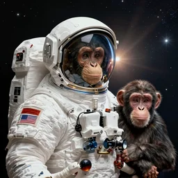 double exposure portrait of astronaut and a chimpanzee astronaut with space and time in the the background by davinci, circles, psychedelic, pencil art, high definition, dynamic lighting stars, sharpness, spirals, golden ratio