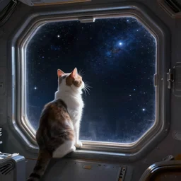 cat in space station watching the stars trough a large window, digital painting, dramatic lighting, highly detailed, artstation, concept art