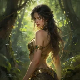 female seductive queen of nature girl, beautiful face, rule of thirds, intricate outfit, backlit, by greg rutkowski, by jeremy mann, digital painting