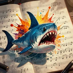 automated modularity of the graphic musical score, hypermasculine, explosive, with colors from the movie jaws