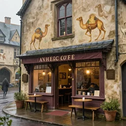 exterior of a medieval coffee shop in camelot, raining, beautiful, artwork by greg rutowski, 4 k, masterpiece