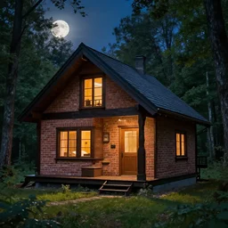 beautifully detaild brick and dark wood cabin in the dense forest, lit by moonlight, night time, warm lights, detailed cabin in the woods