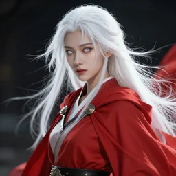 beautiful female warrior with red cape , white hair, white eyes