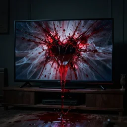 blood pouring out of the TV, in the dark room, hyperrealistic, hyperdetalied, horror, photorealistic, 8K, artstation,