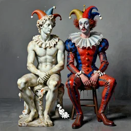 portrait of two morphed harlequin sitting on a stool by robert mapplethorpe and michelangelo and bernini and james jean and luc tuymans and vincent lefevre and hernan bas and pat steir and hilma af klint, digital paint, glitch, psychological, dripping paint, high quality render, masterpiece