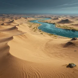 sand landscape and river, hyperdetailed photorealism by greg rutkowski, rich contrast of colors, 1 0 0 mega pixels, league of legends artwork