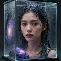 woman portrait made out of rain with a glass box contains galaxies, highly detailed, concept art, realistic, octane render, unreal engine, up close shot, trending on artstation