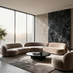 interior living room walls made of plush furnishings, ceiling to floor windows, soft color, plush furniture, modern, minimalism, morning light, dramatic, obsidian, unreal render, award winning photograph