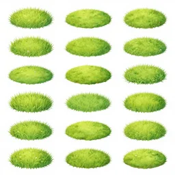 variety of grass patches spritesheet game asset vector art, smooth style, illustrated by peggy fortnum and beatrix potter and sir john tenniel