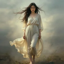 a seductive young old japaese girl, freckles, glasses, fully clothed, full body, worksafe, jeremy mann and alphonse mucha, photo realistic, dynamic lighting, windy, artstation, poster, dreamy, volumetric lighting, ethereal, 4 k, high detail