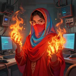 character art by ruan jia, young hyderabadi muslim woman wearing red and cyan blue niqab cateye glasses, on fire, fire powers, room filled with wiring electronics, monitors and computer cables
