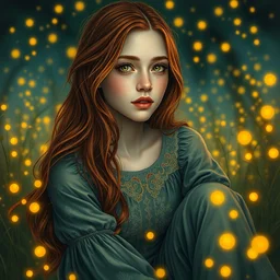 a young woman surrounded by golden firefly lights in a mesmerizing scene, sitting amidst nature fully covered, intricate detailed dress, long loose red hair, precise linework, accurate green eyes, small nose with freckles, smooth oval head, empathic, expressive emotions, hyper realistic ultrafine portrait by artemisia gentileschi, jessica rossier, artgerm