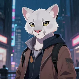 character portrait of a male anthro albino mountain lion fursona with a cute beautiful attractive furry face wearing stylish clothes in a cyberpunk city at night while it rains. hidari, color page, tankoban, 4K, tone mapping, Akihiko Yoshida.
