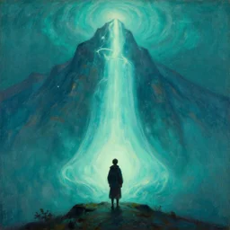 a small figure staring at a giant mountain, bell curve, glowing, arkhip kuindzhi painting, teal palette, eschaton