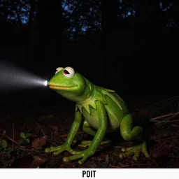 trail camera photo of a moving kermit the frog at night in the forest. obscurity. darkness!!!. flash light. red eyes. motion blur. dim.