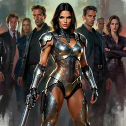 model female bodybuilder kendall jenner as trinity from the matrix wearing metal gear armor holding gun dramatic lighting art by brandon anschutz by yoji shinkawa by richard schmid by greg rutkowski by sandra chevrier by jeremy lipking cinematic dramatic brush strokes background