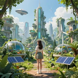 A beautiful girl standing in a Ecofriendly utopian jungle city. Solar panels solarpunk with energy green trees jungle vines urban skyscraper. Eco domes with gardens inside. Giant wind energy windmills, flying spaceships. Spaceships in the sky delivering people to tall jungle buildings. Unreal engine photorealistic high defintion depth of field rendering 4k