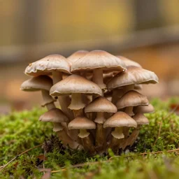 a cluster of mushrooms in a forest, moss, autumn, warm colors, photography, depth of field