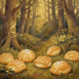 spirit of pastries lost in a forest. this gouache and gold leaf work by the award - winning mangaka has a beautiful composition and intricate details.