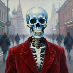 realistic detailed closeup portrait painting of a single blue skeleton wearing crimson velvet blazer in a foggy crowded futuristic moscow street by denis villenueve, amano, yves tanguy, alphonse mucha, ernst haeckel, ilya repin, edward robert hughes, andrei tarkovsky, roger dean, rich moody cold colours, closeup