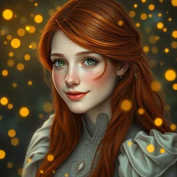 young woman, serene smile, surrounded by golden firefly lights, full covering intricate detailed dress, amidst nature, long red hair, precise linework, accurate green eyes, small nose with freckles, beautiful smooth oval shape face, empathic, expressive emotions, dramatic lights, hyper realistic ultrafine art by artemisia gentileschi, jessica rossier, boris vallejo