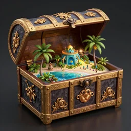 a tropical island inside of a treasure chest with ornate details, glow, unreal engine, ultradetailed, trending on artstation, devianart, cgsociety, amazing details