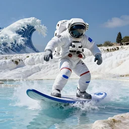 a beautiful digital painting of an astronaut in a white and royal blue luxurious space suit surfing the great wave on a mecha surfboard at Pamukkale, thermal waters flowing down white travertine terraces by greg rutkowski, photorealistic, trending on artstation, highly detailed, intricate, unreal engine, octane render