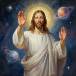 beautiful matte painting art of Jesus waving his hands and creating universes