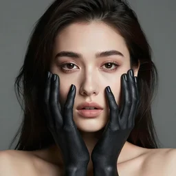 a beautiful woman with black - painted hands on her face, beautiful hair, eyes looking straight, despaired look, detailed face