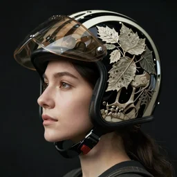 a woman's face in profile, wearing a vintage motorcycle helmet made of intricate delicate leaf skeleton, in the style of the dutch masters and gregory crewdson, dark and moody