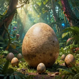 triassic, large dinosaur eggs, dinosaur close - up, lush rainbow triassic jungle, sun beams, little spiders, glowing alien artifact, les edwards, zdzislaw beksinski, carl gustav carus, john harris, michal karcz, zhang kechun, mikko lagerstedt, scott listfield, steven outram, jessica rossier