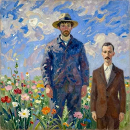 man in hat standing in flowerfield with blue sky and white clouds above, oil painting by claude monet and rene magritte